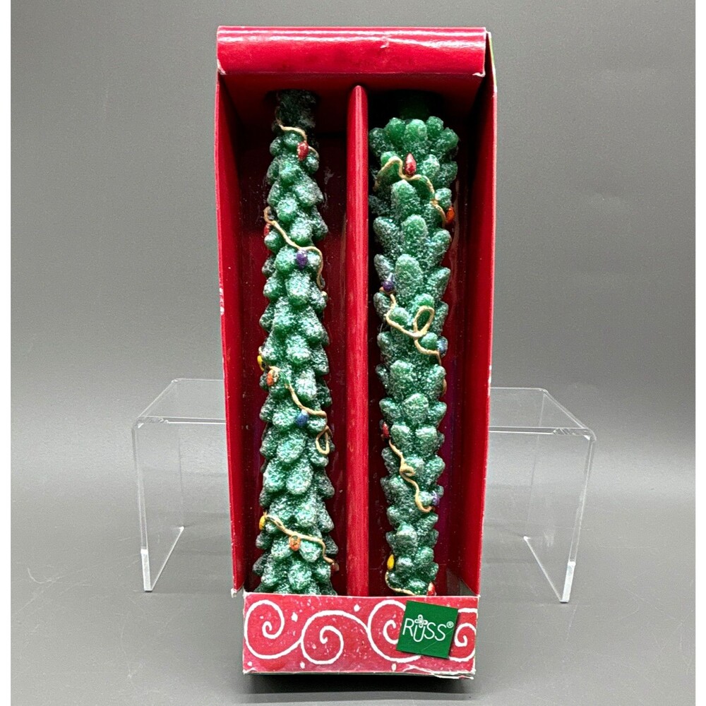 Russ Xmas Candles Snowy Days Hand Painted Glitter Tree Taper Boxed Set Green VTG